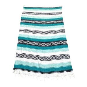 Mexican Falsa Blanket Yoga Rug Throw Blue Black Stripes Vintage 47x79 Large SEE